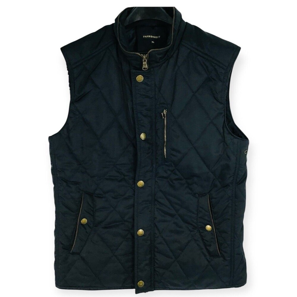 Fahrenheit Quilted navy Vest Mens Large Suede Trim Outdoor Hunting Pockets Zip